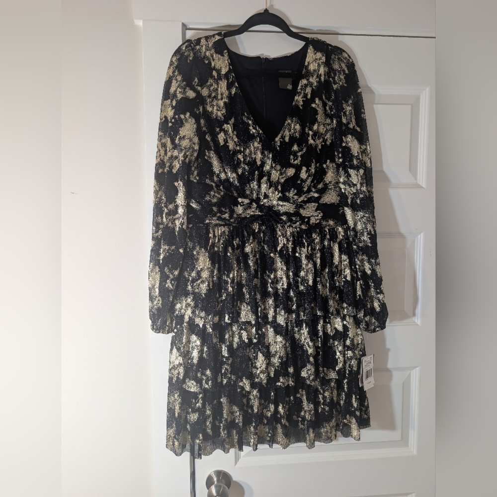 Taylor Black, Navy And Gold Long Sleeve Tiered Dress Size 16 - Picture 10 of 10